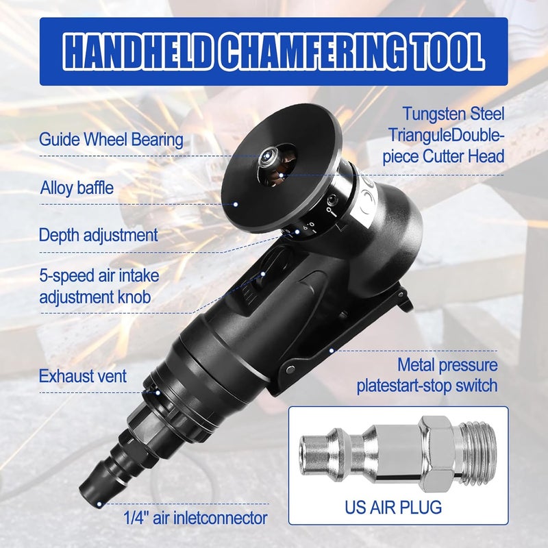 dcvbny Pneumatic Chamfering Tool Handheld, Mini Air-Powered Chamfering Machine Trimming, 45° Arc Corner with 1/4 Inch Air Inlet for Metal Wood Beveling Deburring (R Angle Blades) - Image 2